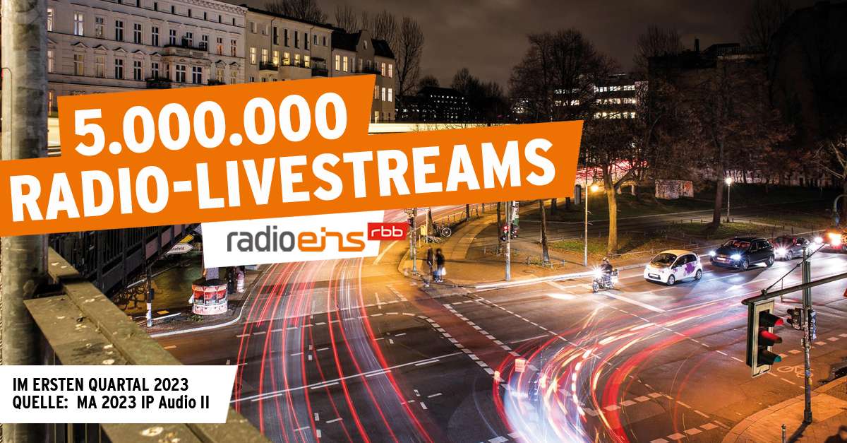 "5 Millionen Radio-Livestreams" steht in weißer Schrift in einem orangen Kasten, vor einer Nachtaufnahme einer Kreuzung.