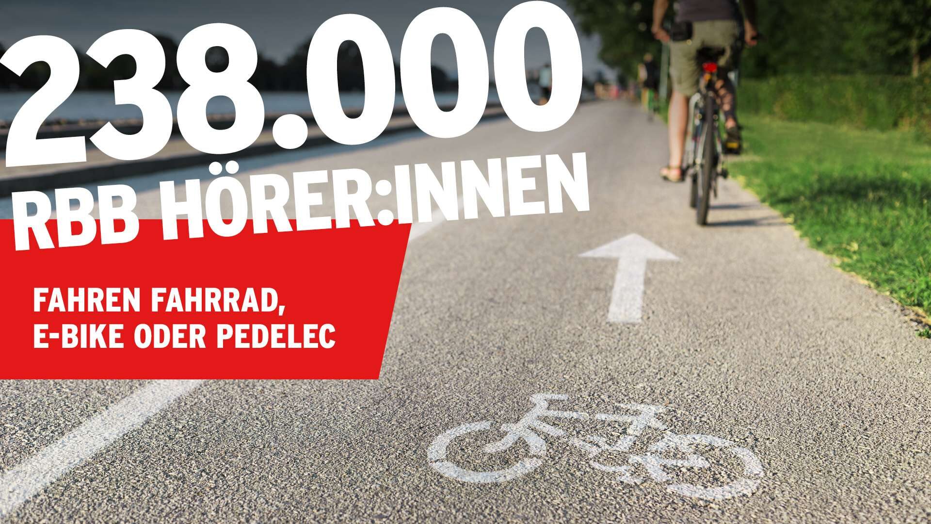 "238.000 rbb Hörer:innen fahren Fahrrad, E-Bike oder Pedelec" steht in weißer Schrift vor dem Bild eines Fahrradweges an einem Flussufer